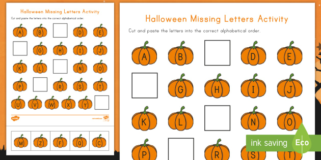 Halloween Missing Letters Activity Sheet - Alphabet, Missing Alphabet, Missing Alphabet Letters, ELA, Pre-K, Cut and Paste, worksheet