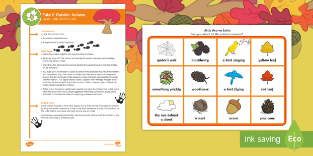 EYFS Take It Outside: Autumn Social - Little Acorns Lotto Activity - Little Acorns, Twinkl originals, fiction, Outdoor and Woodland Learning, Wonder Investigate Learn Di
