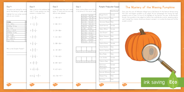 The Mystery of the Missing Pumpkins Math Activity - Halloween, Addition, Subtraction, Fractions, Adding Fractions, Subtracting Fractions, Mixed Numbers,