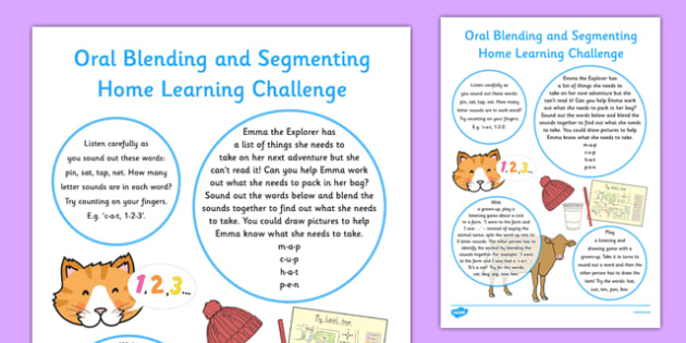 Oral Blending and Segmenting EYFS Home Learning Challenge Sheet Nursery FS1 - EYFS planning, Early years activities, homework activities, phonics, Letters and Sounds, Phase 1, Aspect 7