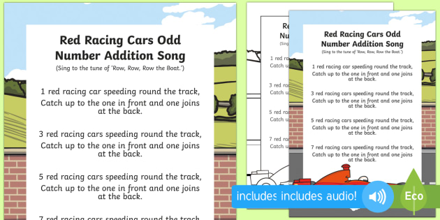 Red Racing Car Odd Number Addition Song - singing, song time, maths, mathematics, add, 2, addition, adding, plus, counting, racecars
