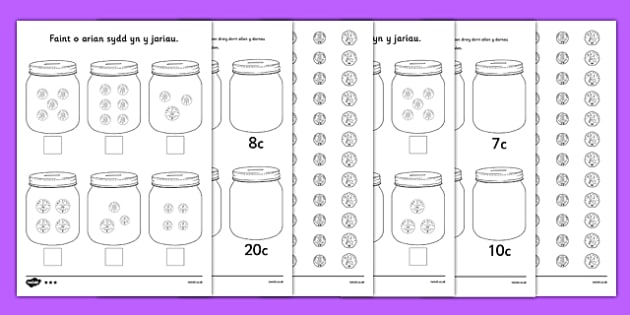 How Much Money Is in My Money Jar Differentiated Worksheets Welsh - welsh, cymraeg, how much money, money jar, money, differentiated, worksheets