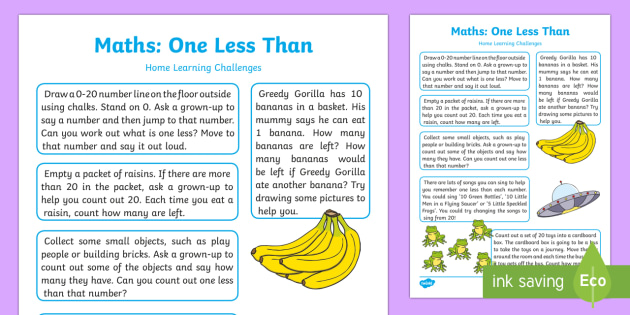 EYFS Maths: One Less Than Home Learning Challenges - EYFS Number ELG, mathematics, early years, EYFS Planning, activities,counting, ordering, numbers to