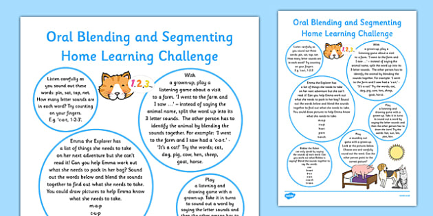 Oral Blending and Segmenting EYFS Home Learning Challenge Sheet Reception FS2 - EYFS planning, Early years activities, homework activities, phonics, Letters and Sounds, Phase 1, Aspect 7