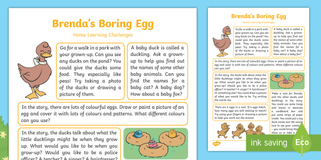 Brenda's Boring Egg Home Learning Challenges Reception FS2 - EYFS, Early Years, Twinkl Originals, Twinkl Fiction, Home Learning, Homework, Brenda's Boring Egg, 
