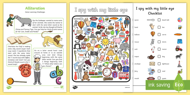 Alliteration Home Learning Challenge Sheet FS1 - EYFS planning, Early years activities, homework activities, phonics, Letters and Sounds, Phase 1, Aspect 5, listening skills