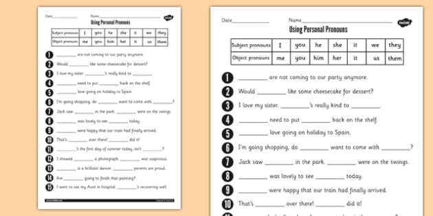 Using Personal Pronouns Worksheet - personal, pronouns