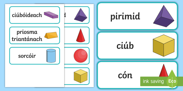Cártaí Focail: Cruthanna 3-T - 3D Shape Word Cards, cártaí focailL cruthanna 3-T, ainmneacha cruthanna 3-T, 3D Shape names, Shape