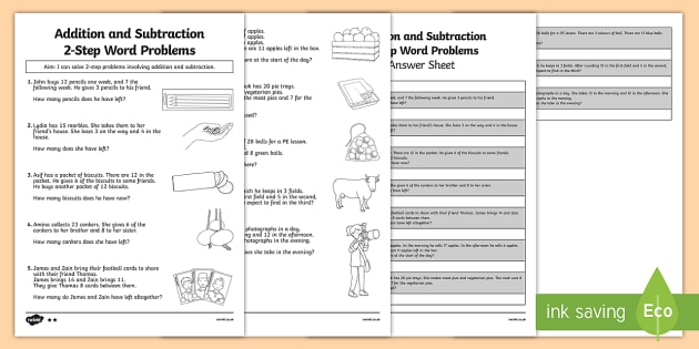 Addition and Subtraction Word Problems Activity Sheet Year 2
