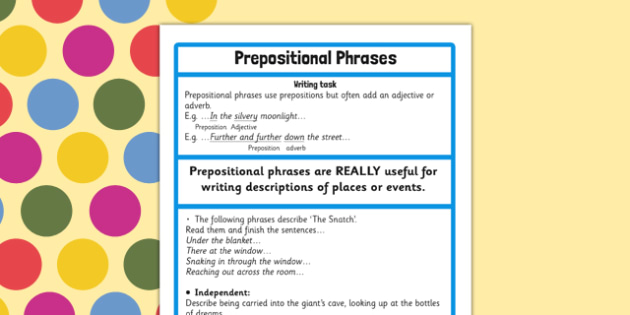 Prepositional Phrase Challenge Activity to Support Teaching on
