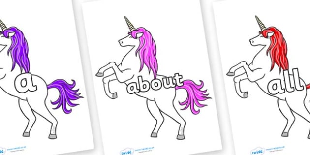 100 High Frequency Words on Unicorn - High frequency words, hfw, DfES Letters and Sounds, Letters and Sounds, display words