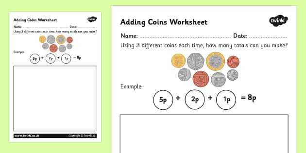 Adding Coins Worksheet New Coins - money, addition, numeracy