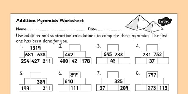 Addition Pyramids Activity Sheet 2 - addition pyramids, addition