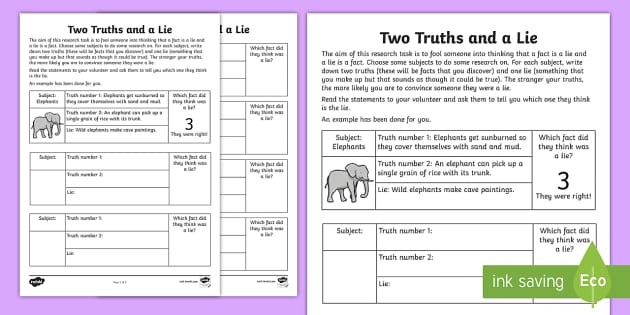 Two Truths and a Lie Activity Sheet - fact, fiction, truth