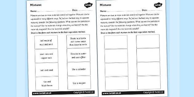 Separation Of Mixtures Worksheet