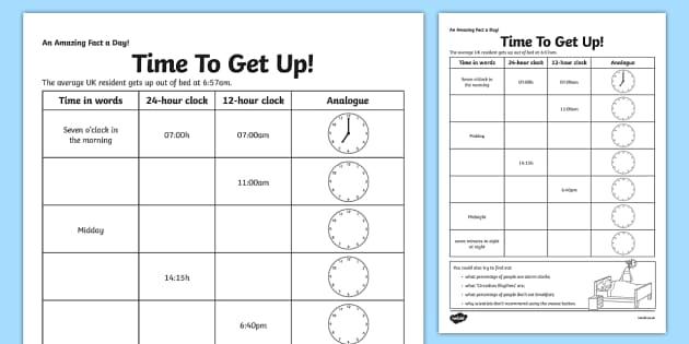Time To Get Up Activity Sheet Time 24 Hour 12 Hour