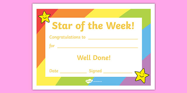 Star of the Week Award Certificate - Star of the week