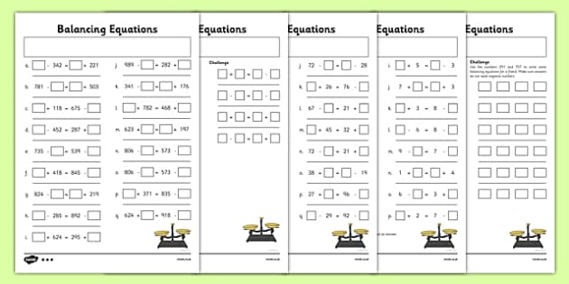 Balancing Equations Activity Sheet Pack - balancing, equations