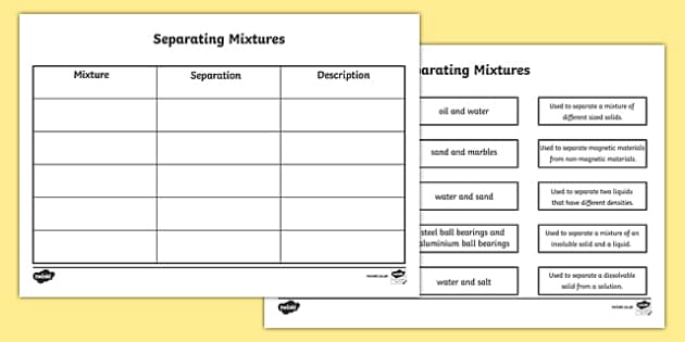 Separating Mixtures Matching Worksheet  separating mixtures