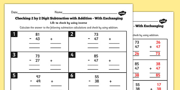 Y3 Inverse Check 2 Digit 2 Subtraction Addition Exchange Sheet