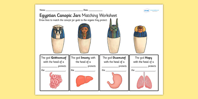 Canopic Jars Matching Organs Worksheet - canopic jars, canopic