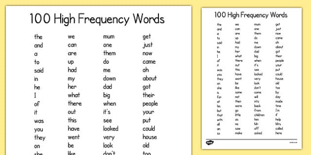 100 High Frequency Words List Sight Words and HFW for KS1