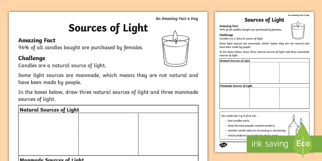 Sources of Light Worksheet - Amazing Fact Of The Day, activity