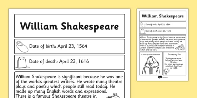 William Shakespeare Significant Individual Fact Sheet - facts