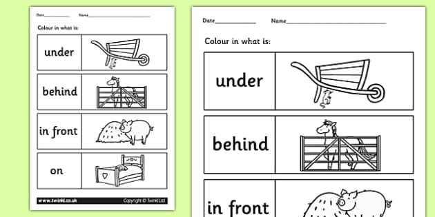Farm Colour the Prepositions Worksheet - position, farm