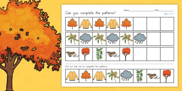 Autumn Complete the Pattern Worksheet - seasons, weather, games