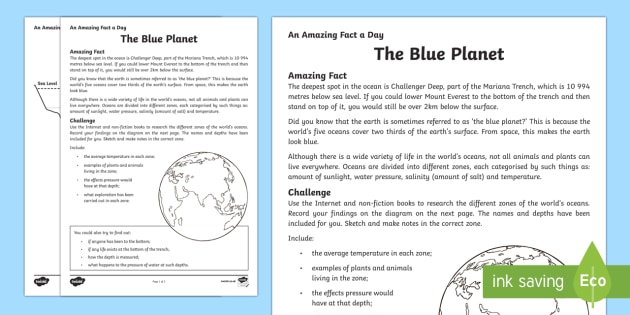 The Blue Planet Activity Sheet - Amazing Fact Of The Day