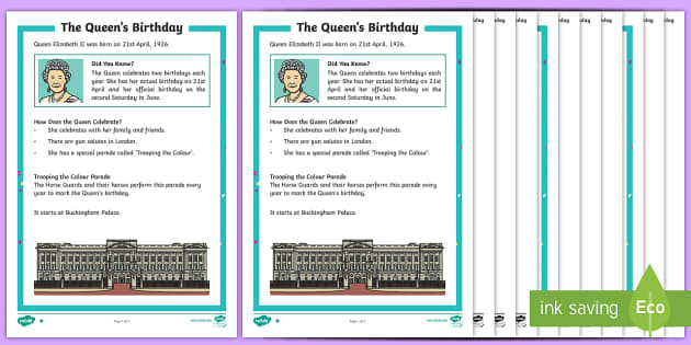 KS1 The Queen's Birthday Differentiated Comprehension Go Respond