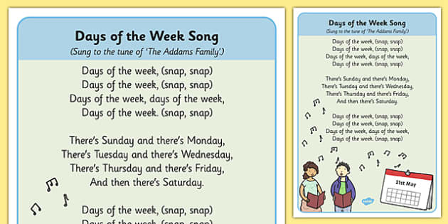 days of the week song sheet singing songs day rhymes.