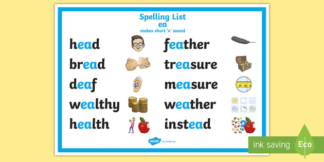 Worksheets Ea Words List spelling ea words short e display poster cfe outdoor learning nature