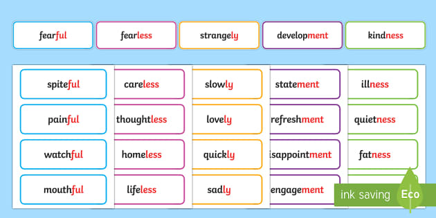 Worksheets Suffix Word List suffix word cards list suxxif ly ment ness ness