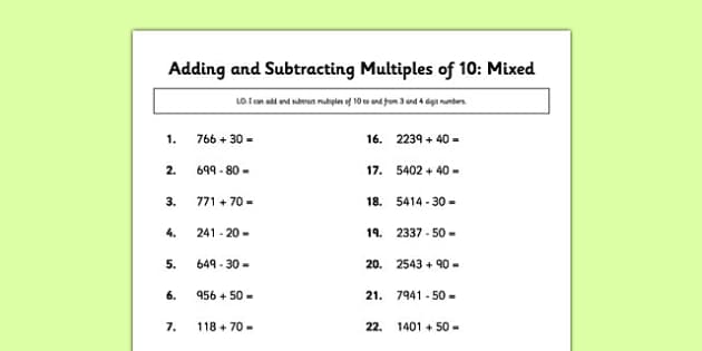  Adding And Subtracting Multiples of 10 Mixed Maths Addition