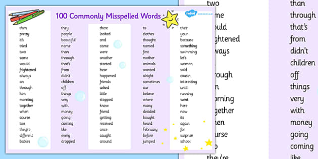 Worksheets 100 Most Commonly Spelt Words commonly misspelled words placemat placemat