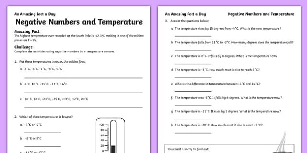 Negative Numbers and Temperature Activity Sheet, worksheet