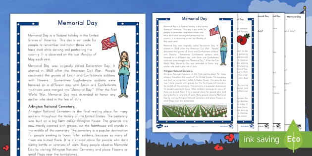 Memorial Day Differentiated Reading Comprehension Activity