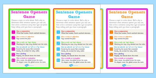 Sentence Openers Dice Activity  game, activity, sentence