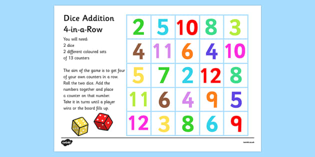 Four in a Row Dice Addition Game - four in a row, dice addition
