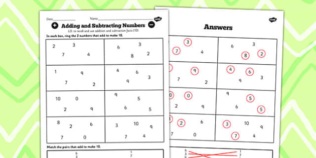 Number Facts To 20 Find Pairs To 10 Worksheet Number Facts