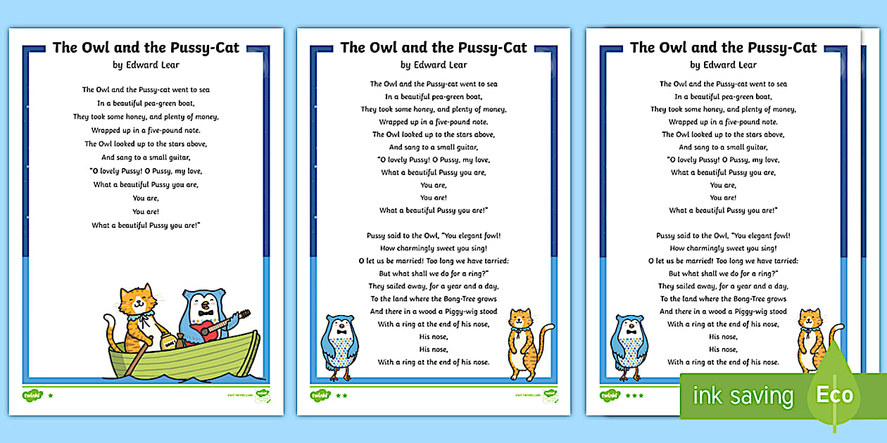 The Owl And The Pussy Cat Poem Poem Sheet Primary