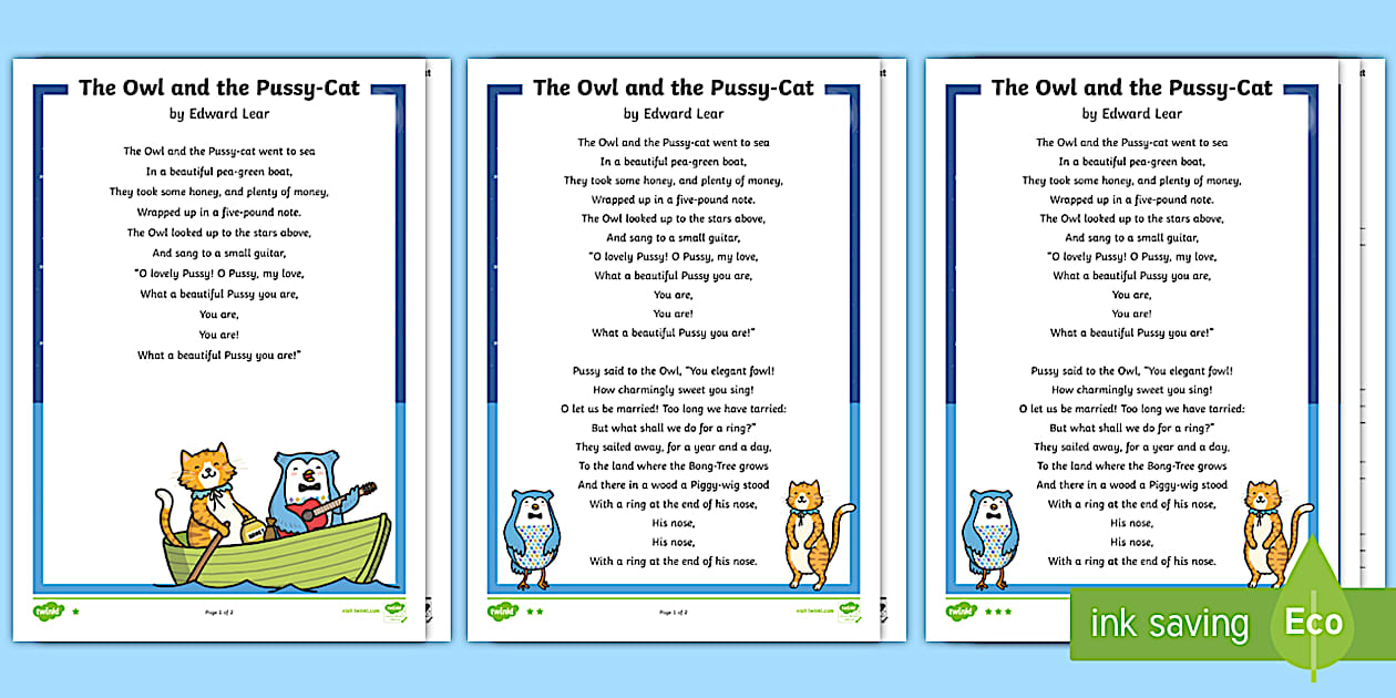 The Owl And The Pussy Cat Poem Differentiated Reading Comprehension