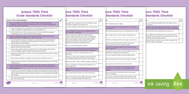 Science Teks Third Grade Standards Checklist