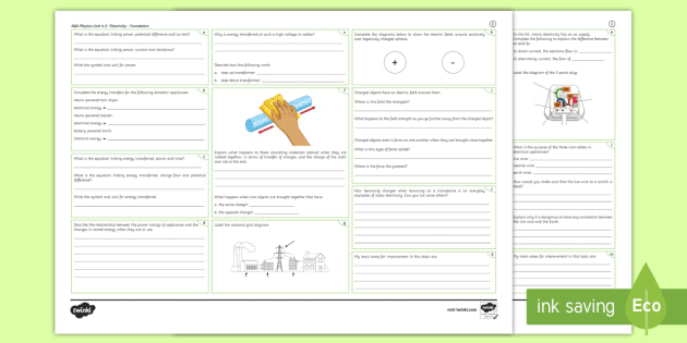 Aqa Physics Separate Unit Electricity Foundation Revision Activity Mat