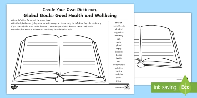 Global Goals Good Health And Wellbeing Create Your Own Dictionary Activity