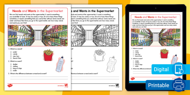 First Grade Needs And Wants In The Supermarket Reading Passage