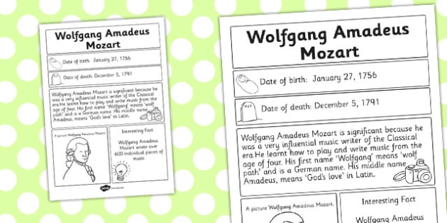 Wolfgang Amadeus Mozart Significant Individual Fact Sheet Fact
