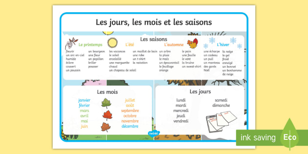 French Seasons And Months Seasons Months Days Word Mat